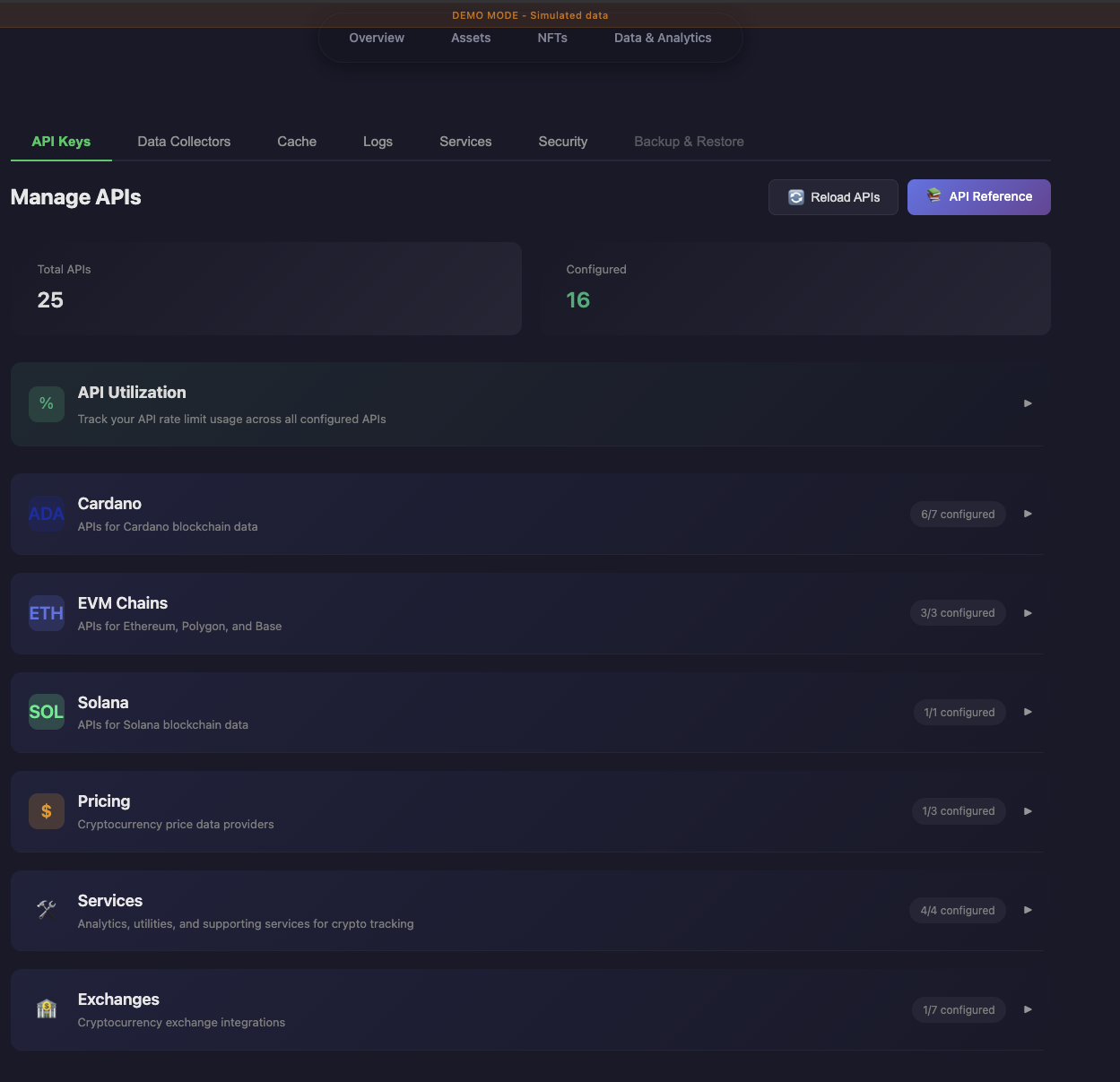 API management dashboard with utilization and configuration
