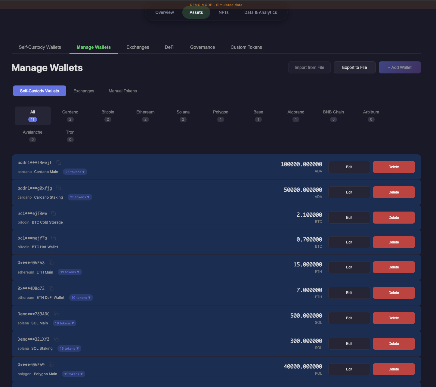 Manage wallets view with multi-chain wallet list and token counts